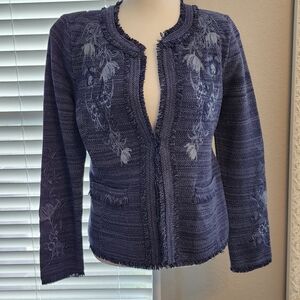 Chico's Deep Blue Embroidered Cardigan